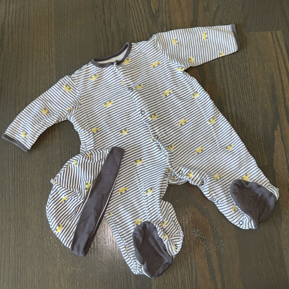 Little Me Baby Sleeper & Hat Set 9M Striped Cars Cotton